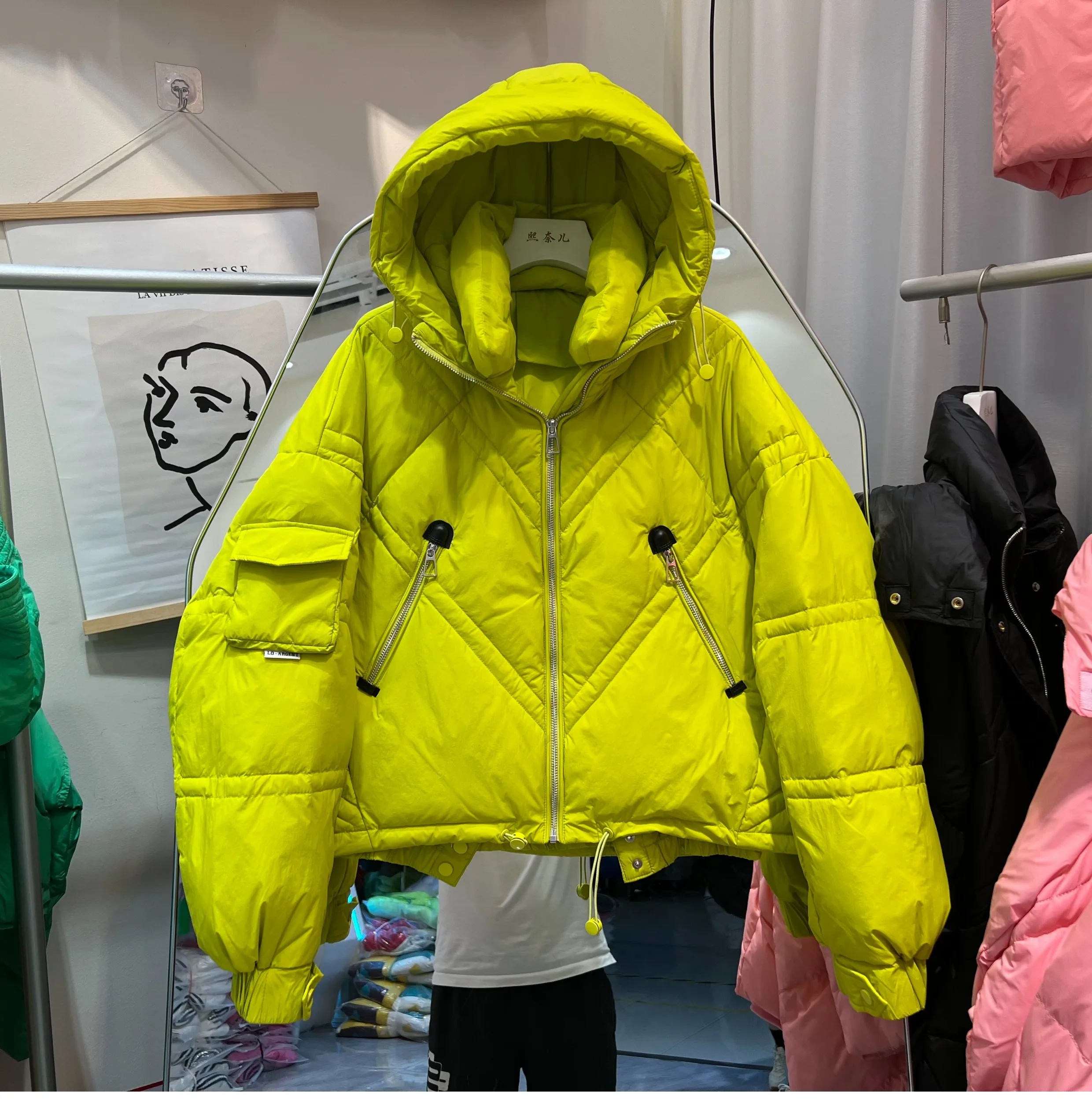 2023 Winter Womens Zipper Candy Color Puffer Jacket Female Loose Warm Short Hooded Parkas Long Sleeve Pocket Down Coats