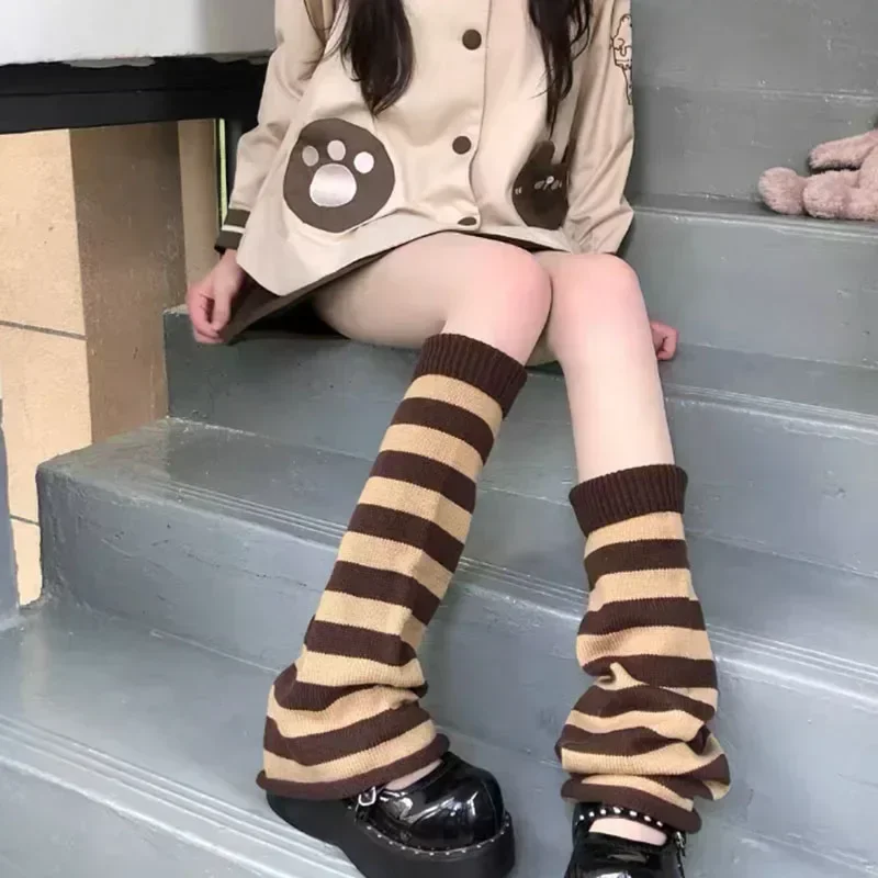 Trendy Y2k Gothic Lolita scaldamuscoli a righe giapponese donna ragazze Gothic Sockings ghette polsini lavorati a maglia spessi al ginocchio calzini