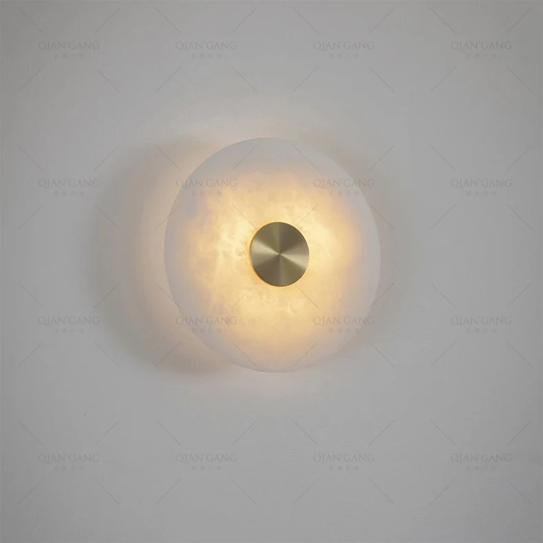 Art Deco Round LED Wall Sconce Natural Marble Brass
