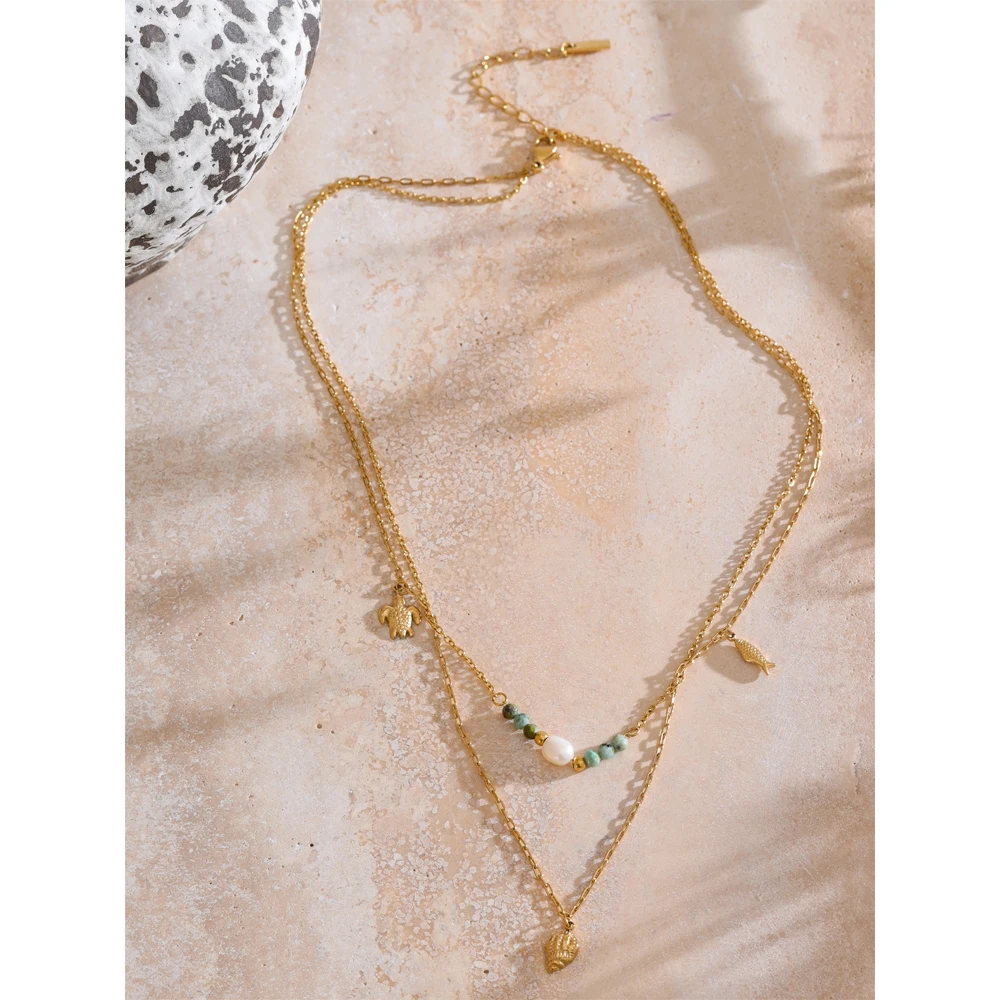 Yhpup الصيف نمط طبقة مزدوجة سلسلة محارة السلاحف الأسماك قطرة قلادة 316L الفولاذ المقاوم للصدأ الحجر الطبيعي اللؤلؤ سلسلة مجوهرات