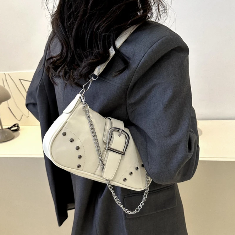 Female Grunge Shoulder Bag Motor Gothic Y2k Chain Handbags Luxury Designer White PU Lether Small Cool Purse Vintage Underarm Bag