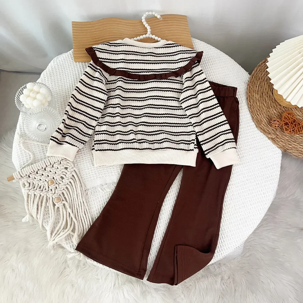 3-7 Years Old Fashion New Girls Clothes Spring Autumn Striped Lapel Long Sleeved Top+Brown Pants Daily Kids Casual Two Piece Set