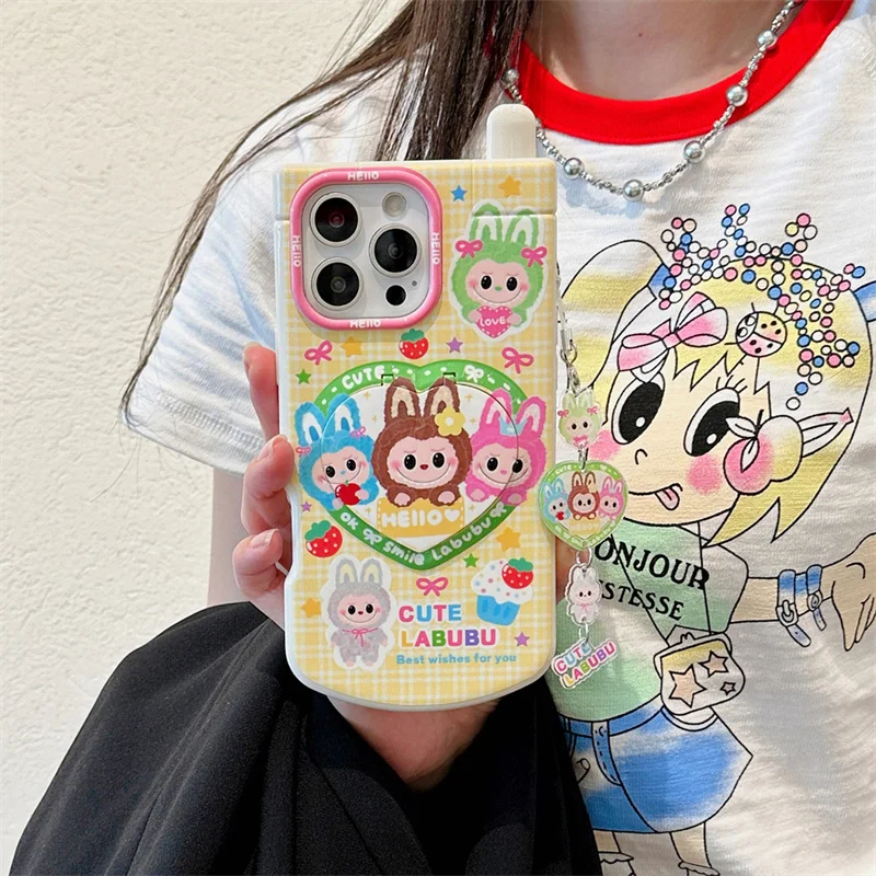 Kawaii الكرتون الأرنب ثلاثية الأبعاد قضية الهاتف المحمول آيفون 16 برو 15 14 13 برو ماكس غطاء مع الحب مرآة حامل حامل حالات سحرية