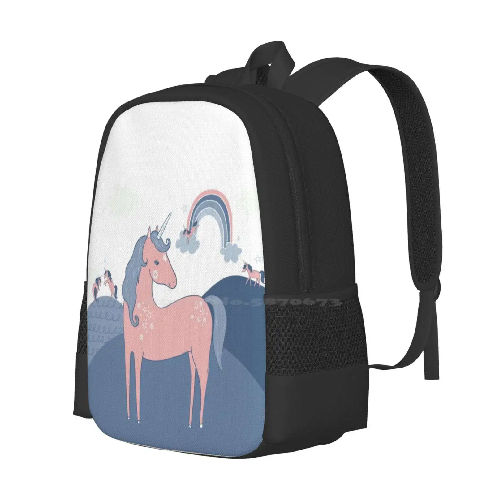 Unicorn Hills 3D Print Design Backpack Student Bag Horse Magical Myth Unicorns Pink Blue Illustrator Pattern Childrens