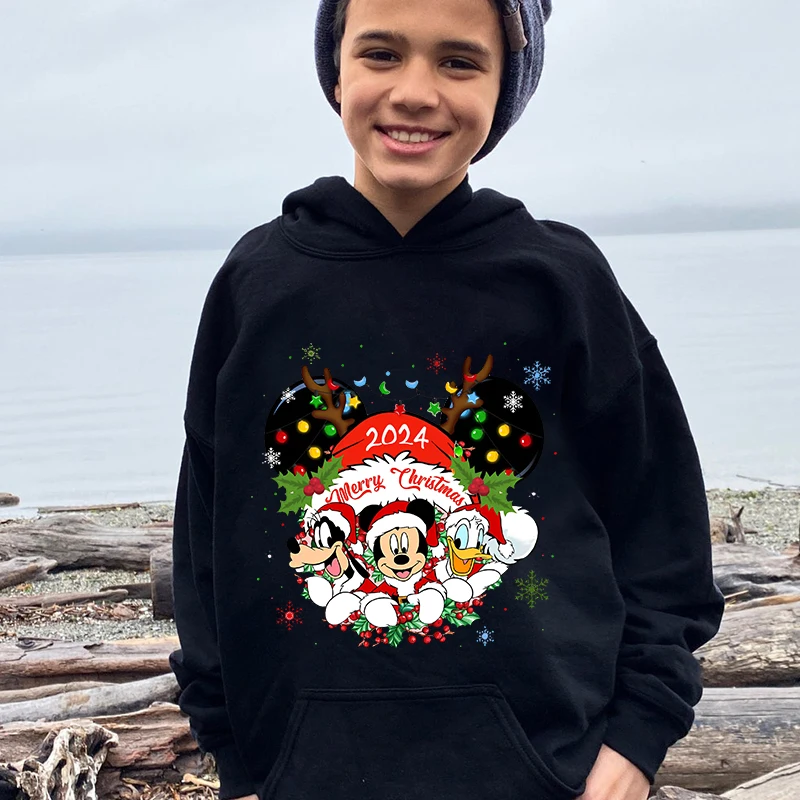 Mickey Christmas 2024 Hoodies Autumn and Winter Plus Velvet Sweater Holiday Gifts for Boys and Girls