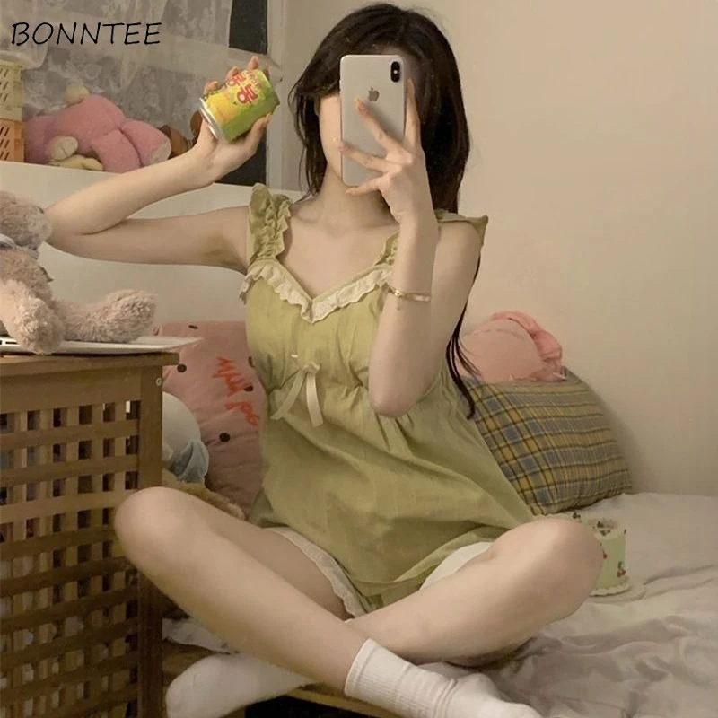 Sleeveless Pajama Sets Women Sweet Sexy Patchwork Schoolgirls Sleepwear V-neck Trendy Summer Lounge Wear Ulzzang Female Ruffles