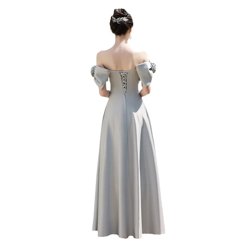 Simple Satin Grey Bridesmaid Dress Off Shoulder Ruffle Edge Wedding Female Guest Dresses Sexy Backless Lace Up Banquet Gown