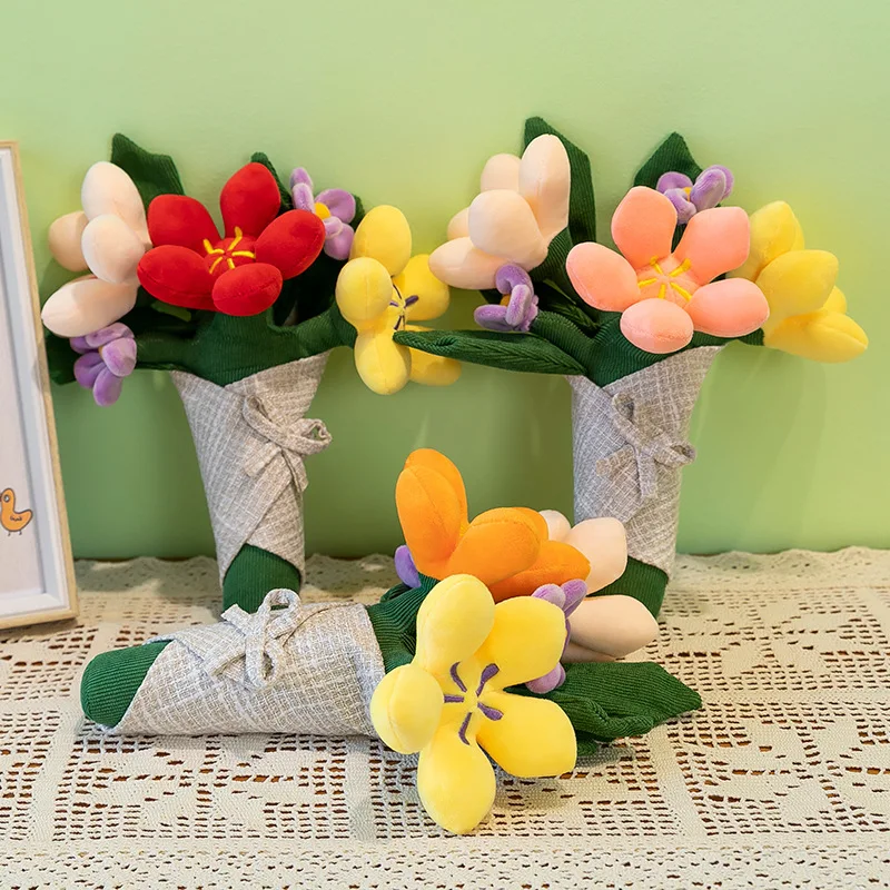 Kawaii Simulated Tulip Flower Holding Bouquet Plush Toy - Soft Doll for Girls Christmas Graduation Gift