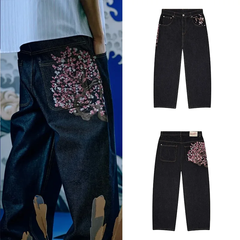 

Streetwear Baggy Jeans Men Retro Cherry Blossom Selvedge Embroidery Denim Pants Y2K Harajuku Hip Hop Casual Wide Leg Jeans