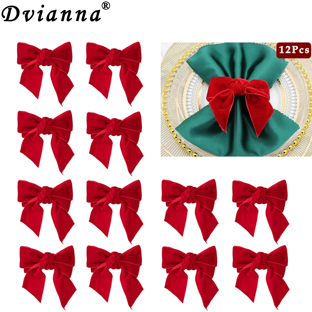 12Pcs Handmade Velvet Bowknot Napkin Rings Holder for Christmas Wedding Thanksgiving Dinner Banquet Table Decor HWW57