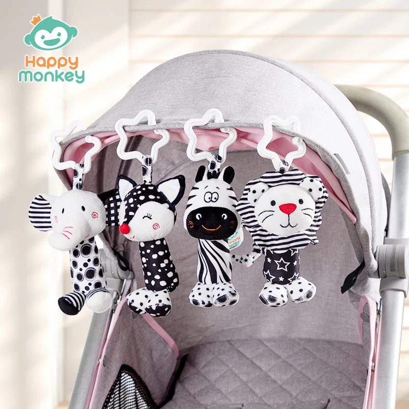 Ciondolo per carrello giocattolo con carillon a vento carino per bambini, mirino per inseguire il neonato, sonaglio comfort in bianco e nero