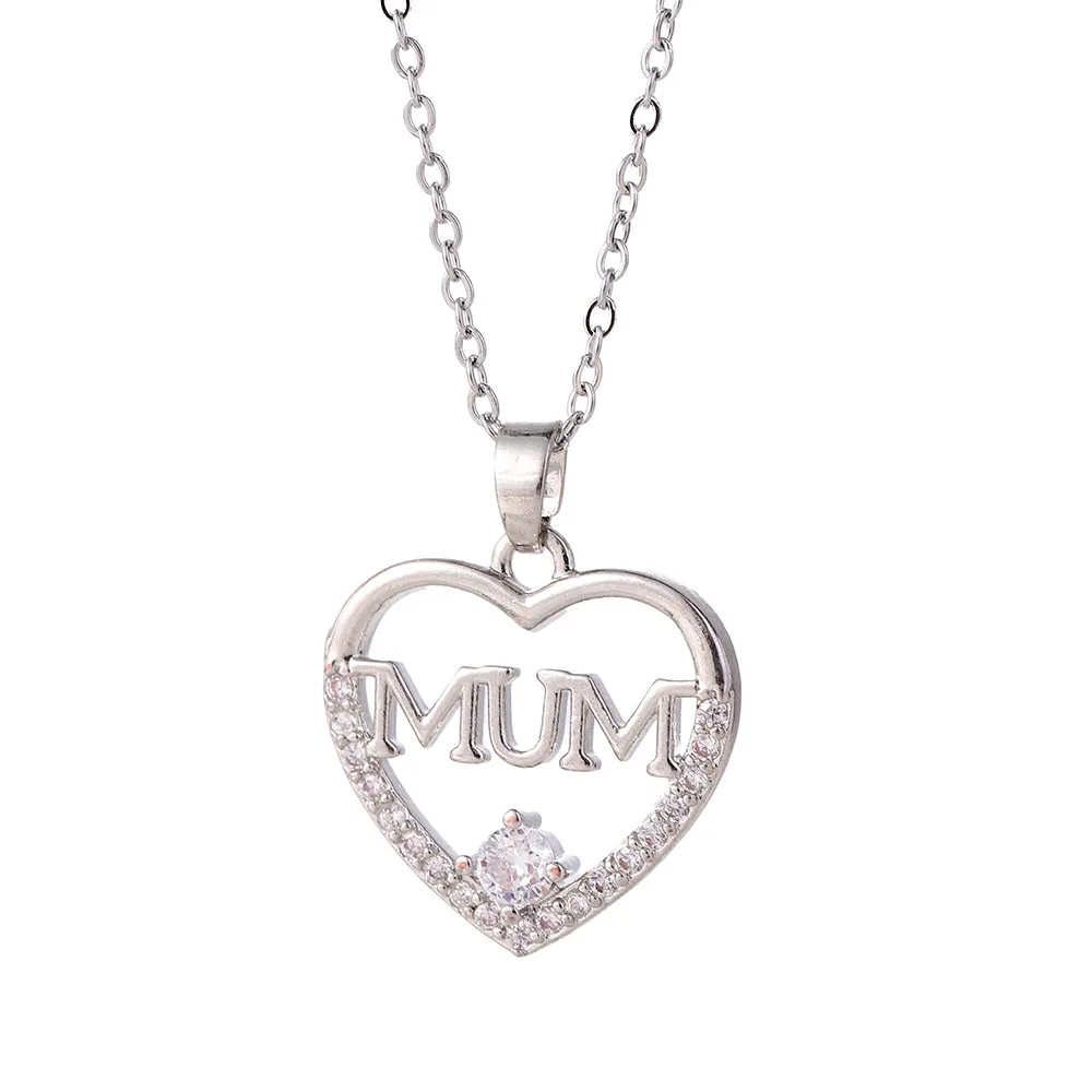 2025 Non Tarnish Mother's Day Necklace Dainty Stainless Steel Love Heart Zirconia Mum Pendant Necklace for Gift