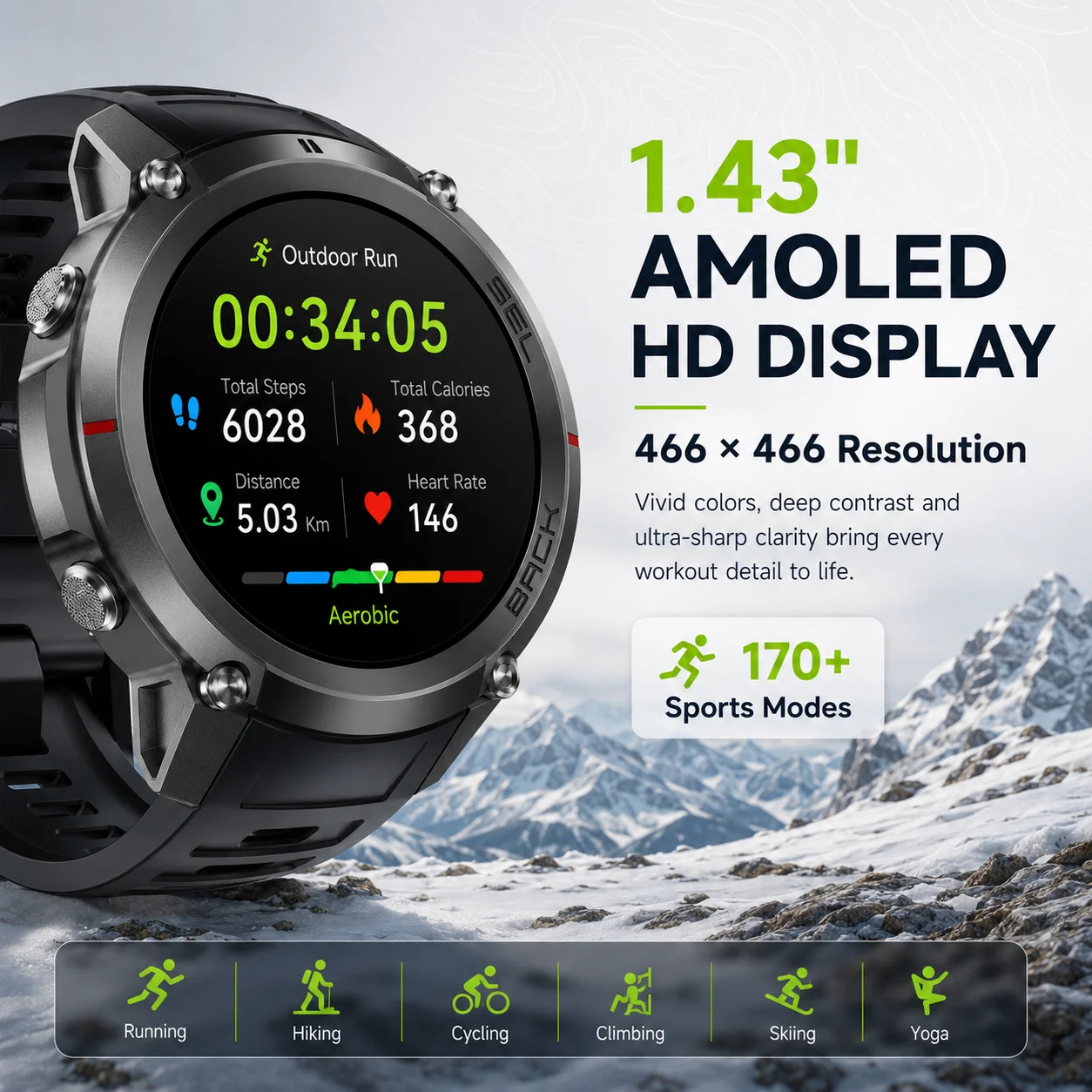 Rugged Military Smart Watch GPS Offline Maps Long Battery Life 170 Fitness Modes Clock 5ATM Waterproof 1.43'' Bracelets For IOS