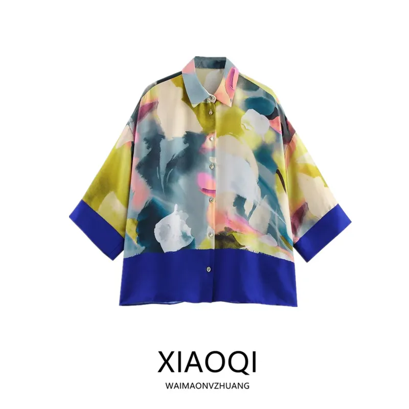 

Весна 202, женский топ Fashion Long Sve из шелкового атласа с принтом, универсальный свободный крой, свободная длина, топ премиум-класса премиум-класса