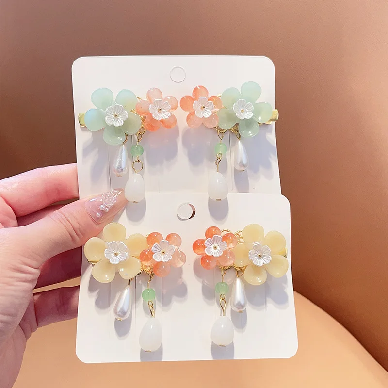 1pair Girls Flower Hair Clip Pearl Pendant Hairpin Cute Classic Taassel Tiara Chinese Hanfu Headwear Fairy Vintage Hair Jewelry image 3