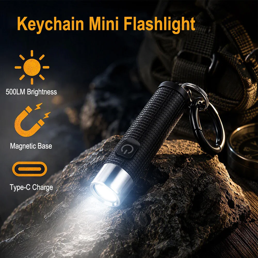 BORUiT B500 LED Keychain Flashlight 500LM Mini Pocket Lantern Type-C Rechargeable Torch Magnetic Work Light Camping Hiking Light