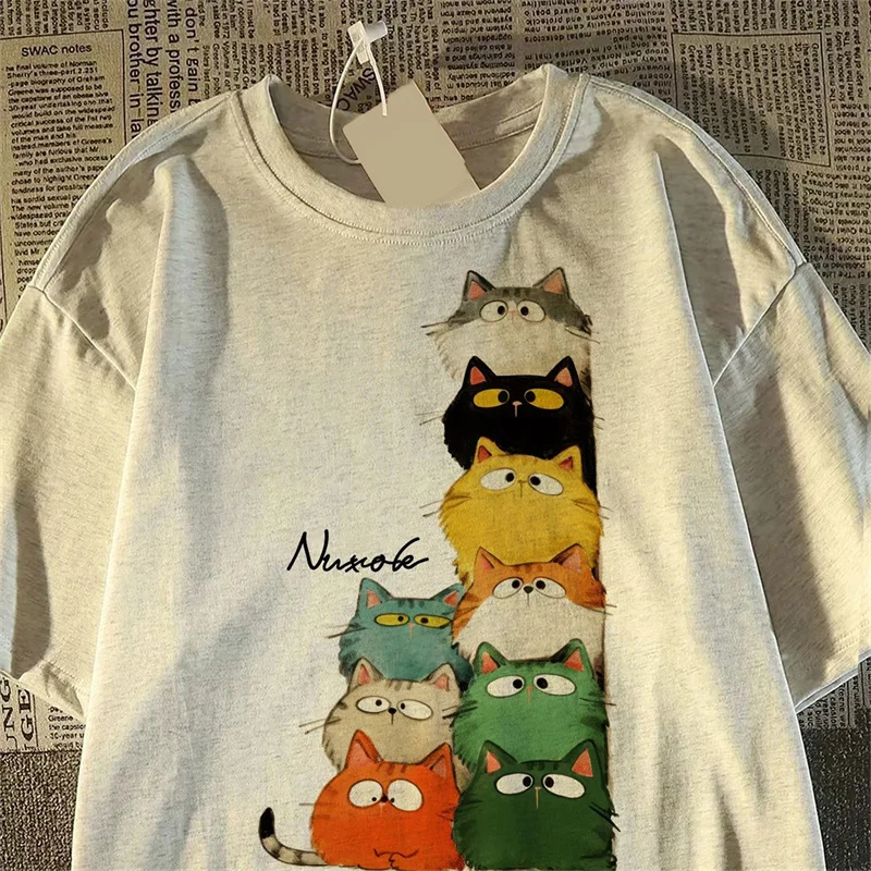 أنيمي Harajuku تزهر القط طباعة القطن النساء تي شيرت الصيف المعتاد قصيرة الأكمام Y2k لينة عادية النساء الرجال قمم تي شيرت المحملة #3