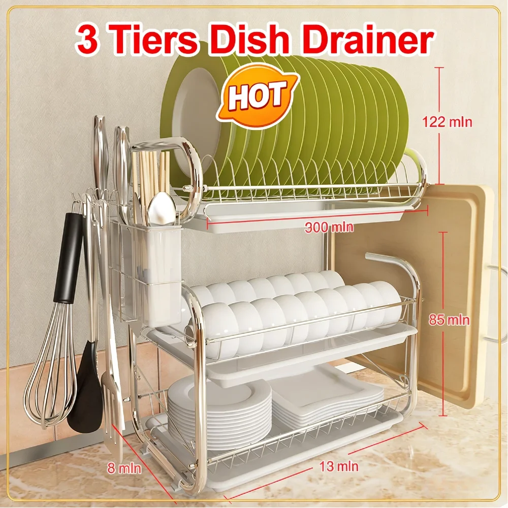 

Трехуровневая сушилка для посуды, устойчивая к ржавчине, кухонная полка-органайзер из железа с поддоном и держателем для столовых приборов для тарелок и мисок