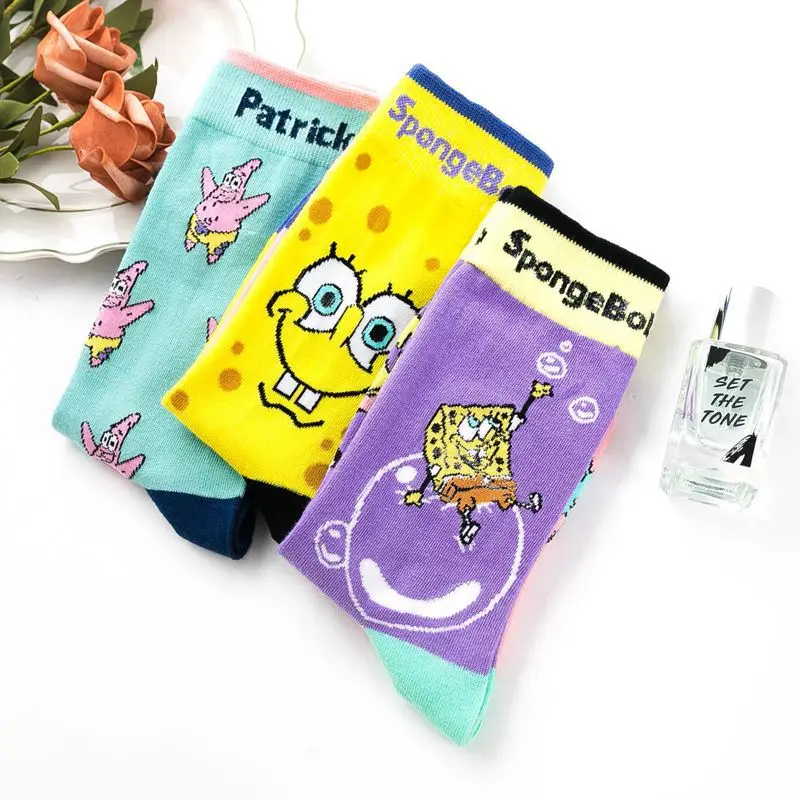 3 pairs Cute Spongebob Squarepants Patrick Star Autumn and Winter Cotton Socks Mid Tube Women's Socks Cartoon Jacquard Socks