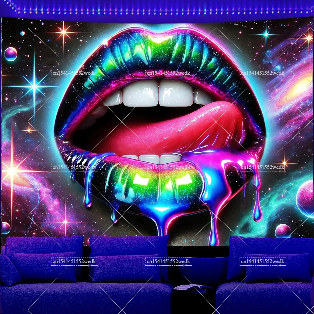Blacklight Lip Tapestry Glowing Tapestry UV Reactive Neon Posters Wall Hanging For Living Room Party Decor Photo Shoot Props