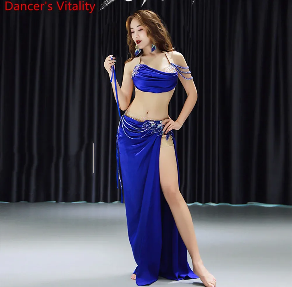 Women Belly Dance Performance Costume Autumn Winter Glitter Diamond Bra Sexy Split Long Skirt Oriental Indian Dancing Stage Wear