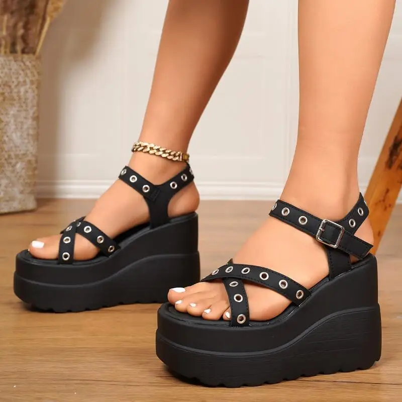 

Gothic Women's Sandals Platform Sports Shoes 2025 Wedge Clogs Elegant Fashion Designer Black Gladiator Round Toe