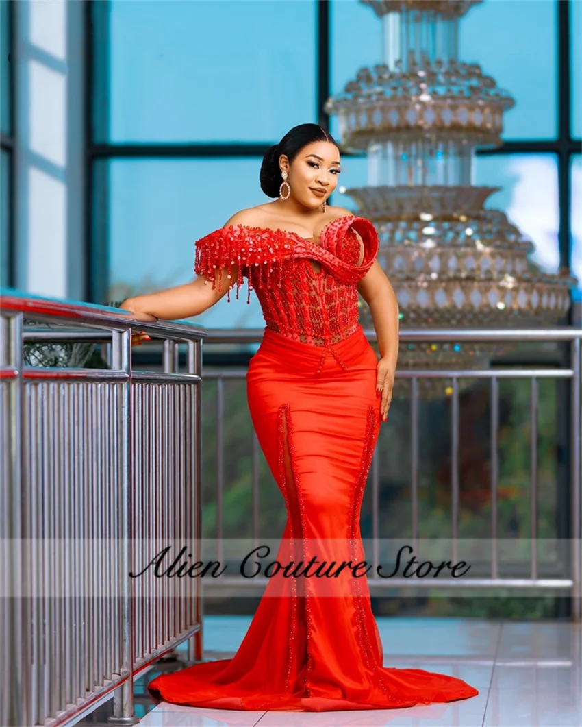 Vestido de noche de sirena con purpurina roja, traje de fiesta de compromiso de boda con diamantes de imitación de cristal y borlas, personalizado, 2025