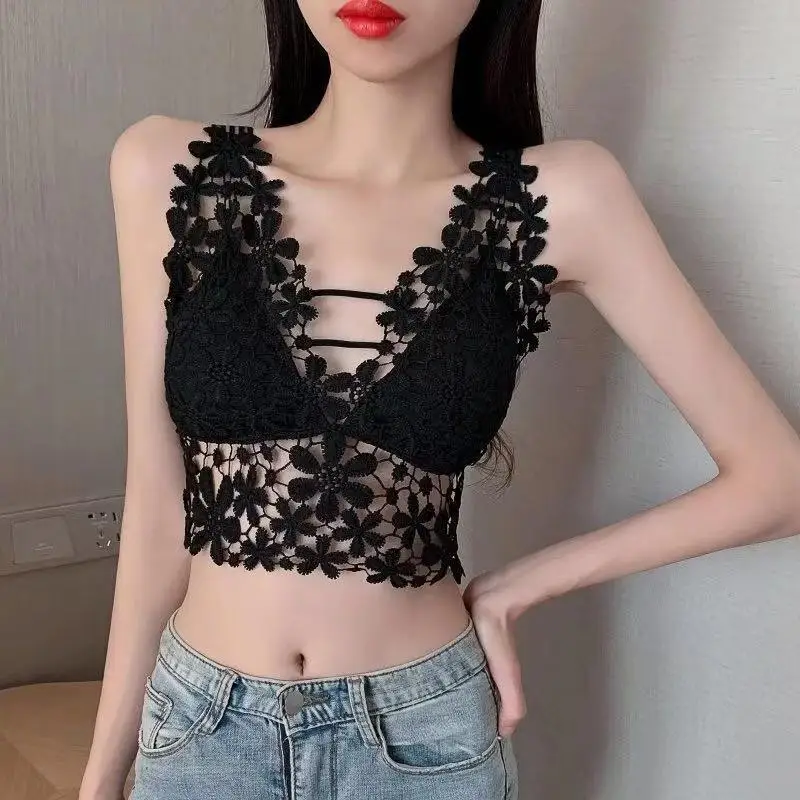 

Korean Version Openwork Deep V Sexy Outer Wearing Beauty Back Lace Camisole Bottom Top Schoolgirl Pure Lust Style Bra