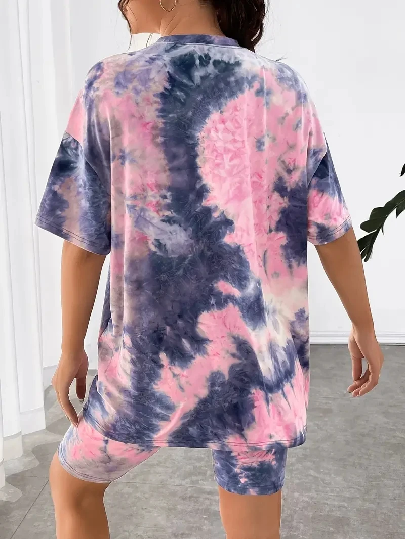 Roupa de impressão personalizada Tie Dye para mulheres, gola redonda, manga curta, estiramento, poliéster, casual, relaxado, plus size, 2 pcs
