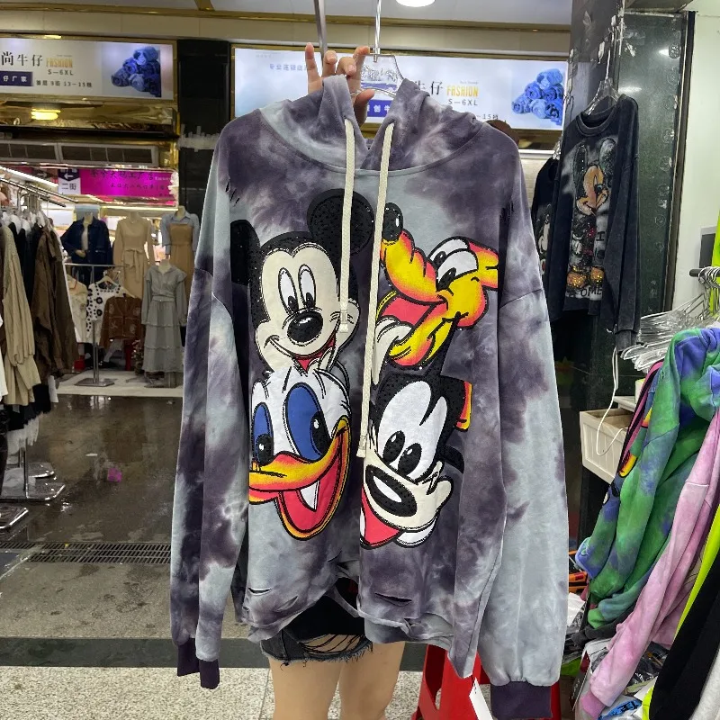 American Retro Style Full Diamond Cartoon Distressed Loose Hooded Sweatshirt Women's Popular Pullover Long Sleeved Casual Hoodie
