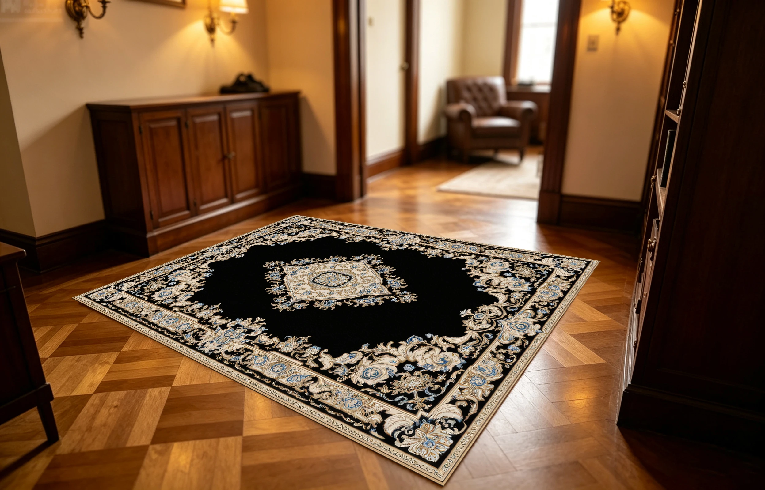 European-Style 2D Floral Diamond Pattern Rug, Black and Gold Retro Style, Suitable for Living Room and Bedroom, Enhances