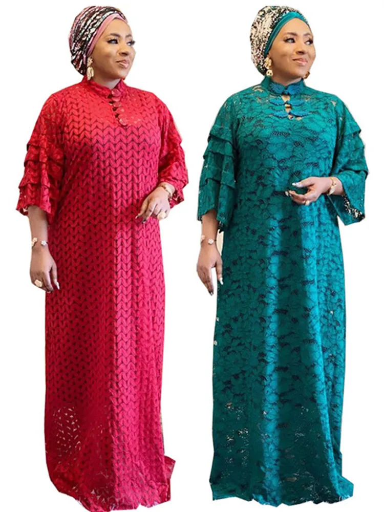 

Fashion African Lace Dress Nigerian Dubai Abayas For Women 2 Pieces Turkey Plain Red Green Abaya Set With Inner Long Dresses