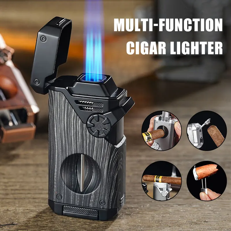 Four Blue Flame Rocker Cigar Lighter V-Cigar Cutter Cigar Rig Anti-Hot Fork Visual Gas Window Multi-Function Ignition