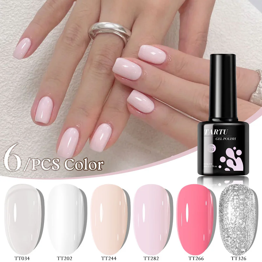 Zestaw 6-kolorowych lakierów do paznokci w żelu z brokatem w kolorach srebrnym, zielonym, białym, czerwonym i niebieskim. Jest odporny na wilgoć i chroniony przed promieniowaniem UV/LED.