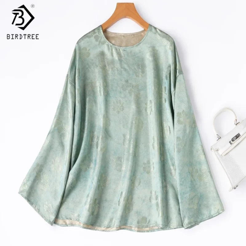 

Birdtree,100% Silk Jacquard Shirt,Women Satin Full Sleeve Side Slit Loose Tops,2025 Autumn Daily Blouse T5O902JF