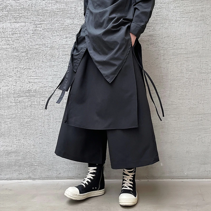 

Summer Men Fake Two-Piece Design Casual Pants Streetwear Men Harem Pants Chinese Style Jogging Pants Men Black Hanfu Pants