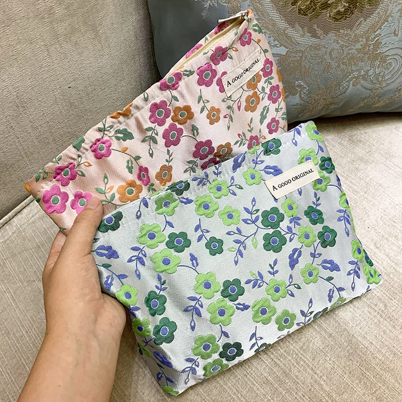 Saco de maquiagem de flor de alívio de pequena escala com saco de armazenamento de impressão artística, saco de higiene portátil de grande capacidade saco de lona das mulheres