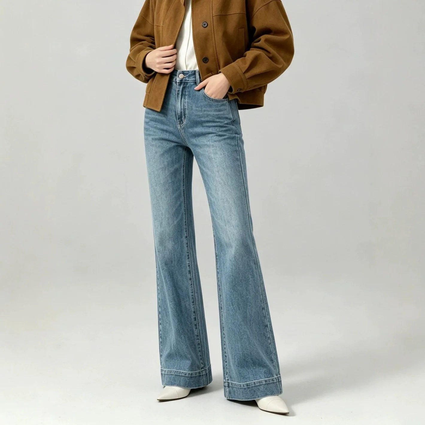 YJKDYK Women's Jeans Glazed Blue Deconstructed Splicing Stretch Cotton Jeans 2026 Autumn New Slim Fit Flared Chic Denim Trousers