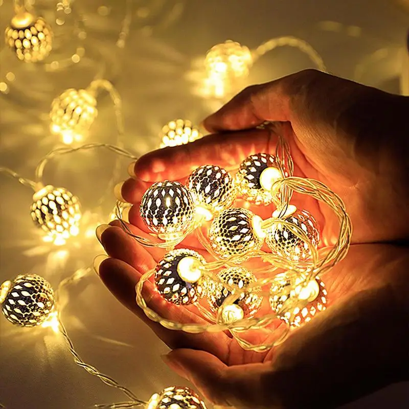 LED Fairy Moroccan Hollow Metal Ball LED String Lights Battery Powered for Wedding Holiday Party Indoor Outdoor Decoration