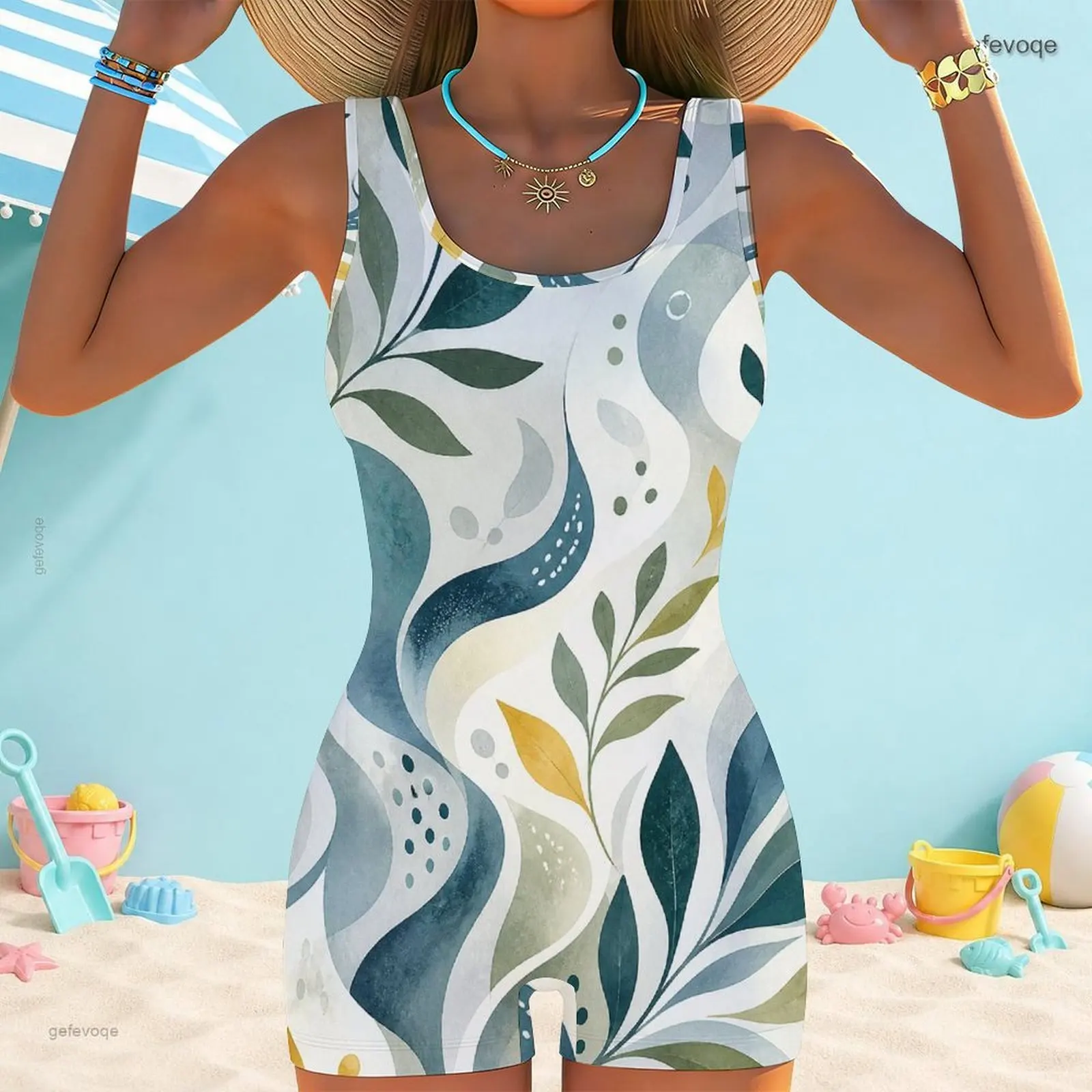 Women Swimsuit with Print Square Neck Wide Straps One Piece Boyshort Leg