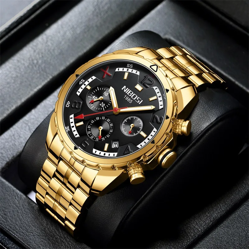 

NIBOSI Luxury Gold Strap Men Quartz Watch Multifunctional Dial New Fashion Men Chronograph Watches Waterproof Relogio Masculino