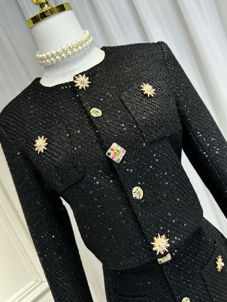 Elegant Commuter Black Tweed Suit New Shoulder Pad Color Diamond Buckle Sequin Short Jacket High Waist Skirt 2-Piece Set Women