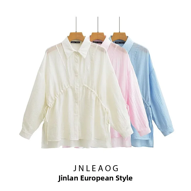 JNLEAOG 春の新作レディースファッションシャツ ベルト付き ルーズフィット ポリエステル繊維 長袖 無地 ターンダウンカラー