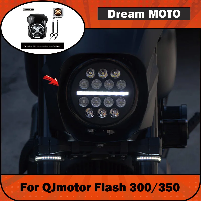 【Premium】For QJMOTOR Flash 300/350 modified pig head cover retro front headlight assembly ultra-bright LED angel eye round light