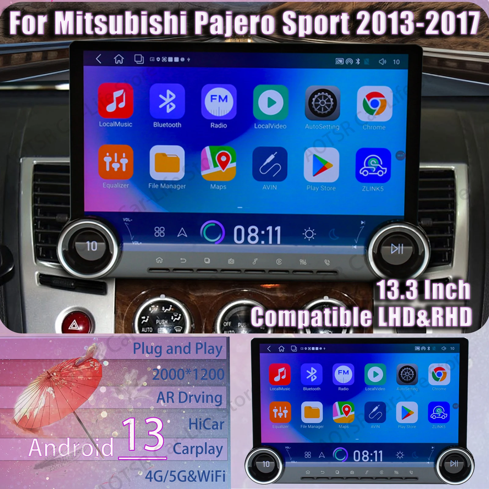 

Автомобильные аксессуары 13,3, Android, экран с двумя ручками для Mitsubishi Pajero Sport 2013 ~ 2017, мультимедийный плеер, головное устройство GPS-навигации