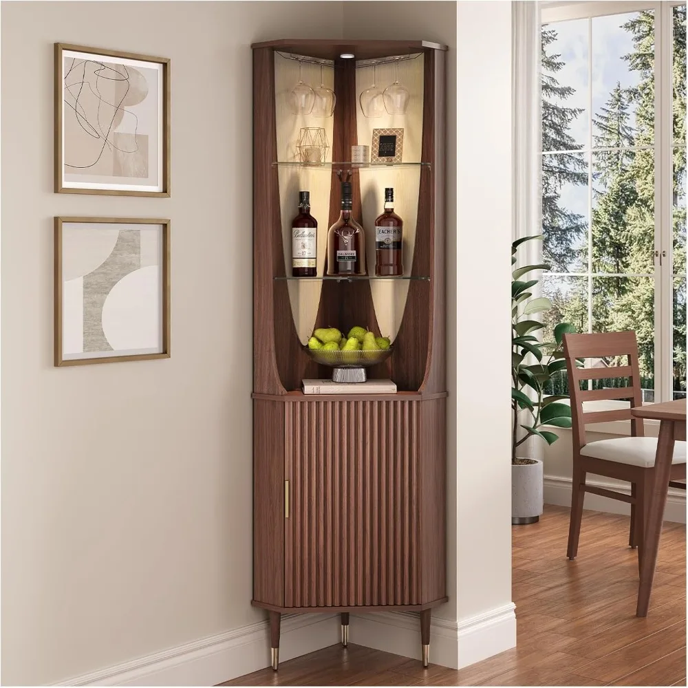 Armadietto da bar ad angolo alto 70", armadio portaoggetti scanalato moderno di metà secolo con ripiani in vetro, porta e illuminazione a LED, salvaspazio
