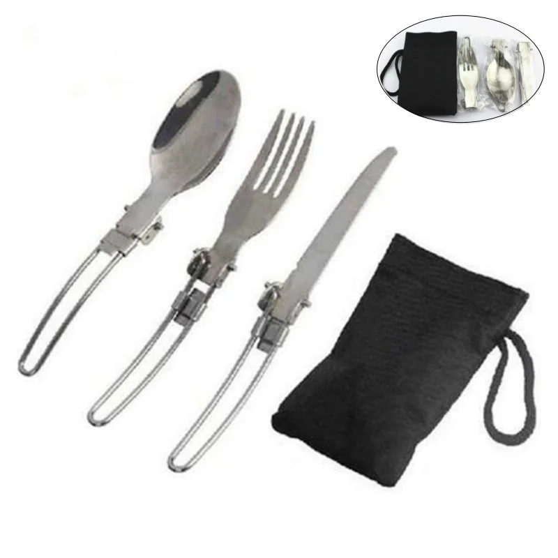 3 PCS 1 Set Portable Outdoor Camping Travel Picnic Foldable Stainless Steel Cutlery Set Spoon Fork Knife Tableware