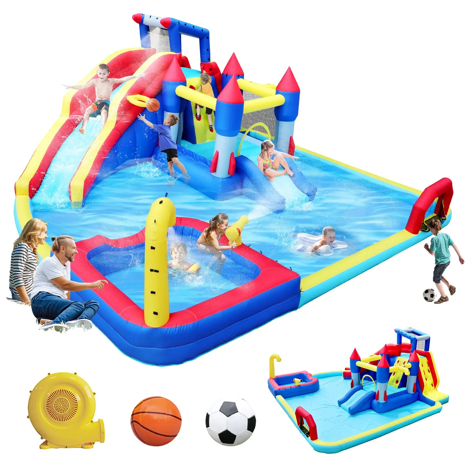 Parco acquatico gonfiabile 10 in1 che rimbalza giardino domestico con piscina antispruzzo, pistola ad acqua, basket, parete da arrampicata e doppie piscine