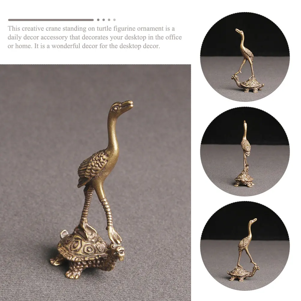 

Brass Turtle Crane Statue Small Desktop Decoration Retro Animal Ornament for Office Home Table Brass Turtle Crane Statue
