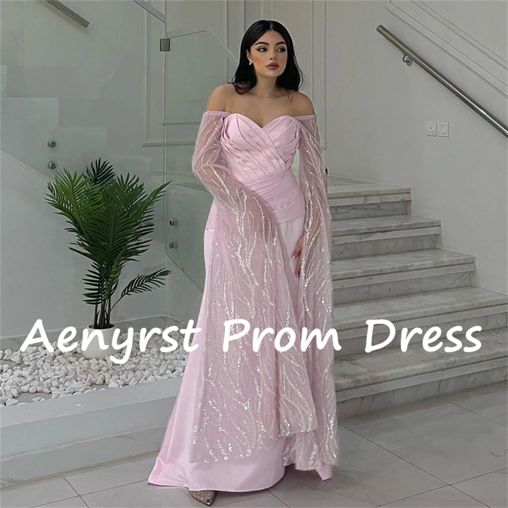 Aenyrst Roze Liefje Lange Lovertjes Prom Jurken Off Shoulder Zeemeermin Geplooide Avondjurken Vloerlengte Feestjurk